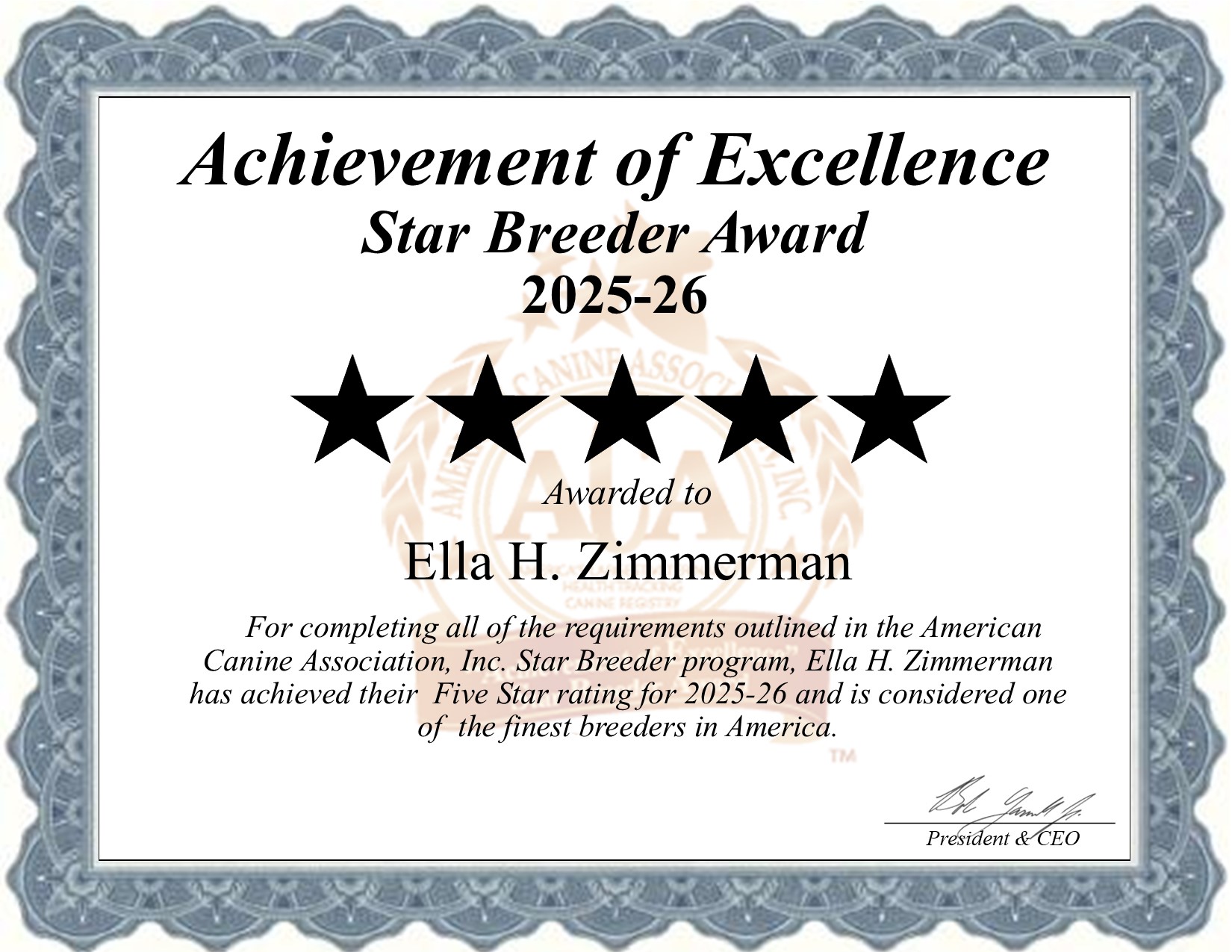 Ella, Zimmerman, dog, breeder, star, certificate, Ella-Zimmerman, Mifflinburg, PA, Pennsylvania, puppy, dog, kennels, mill, puppymill, usda, 5-star, aca, ica, registered, Miniature Dachshund